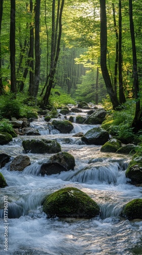 A forest stream with rocks and greenery illuminated by sunlight. Great for nature scenes, travel or relaxation themes.