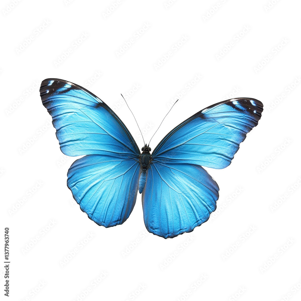 Obraz premium Bright blue butterfly on a white background showcasing vibrant colors and delicate features, Blue butterfly isolated on white background