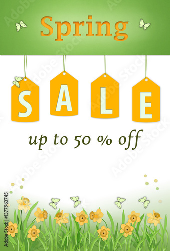 Spring sale banner up to 50 % special offer.Vertical orange- green floral spring sale flayer template with blooming daffodil  flowers. Free copy space.       
