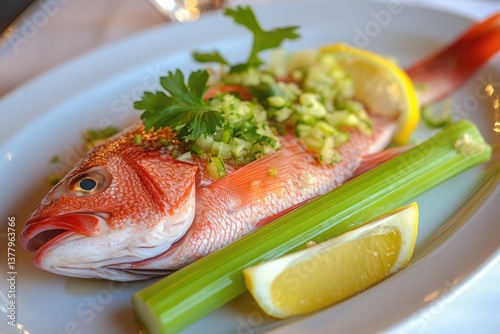 A red snapper fish dish with lemon, celery, and parsley on a white plate in a restaurant setting