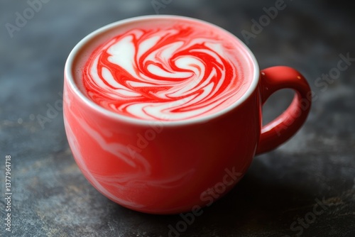 Close up of a red and white swirled latte in a red mug on a dark textured surface in soft lighting photo