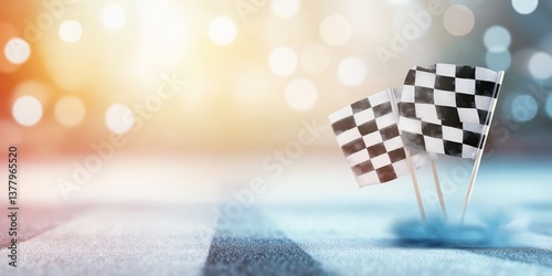 Checkered flag graphic design with an abstract background of dust and particles, a dynamic racing theme.