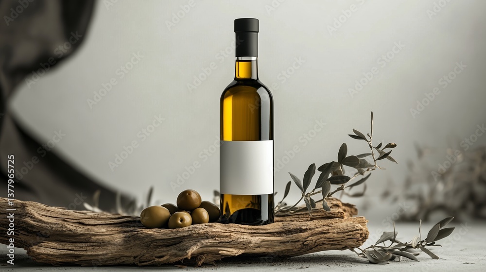 Naklejka premium A bottle of olive oil with the olives and wooden branch. 4