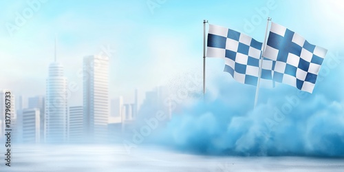 Checkered flag graphic design with an abstract background of dust and particles, a dynamic racing theme.