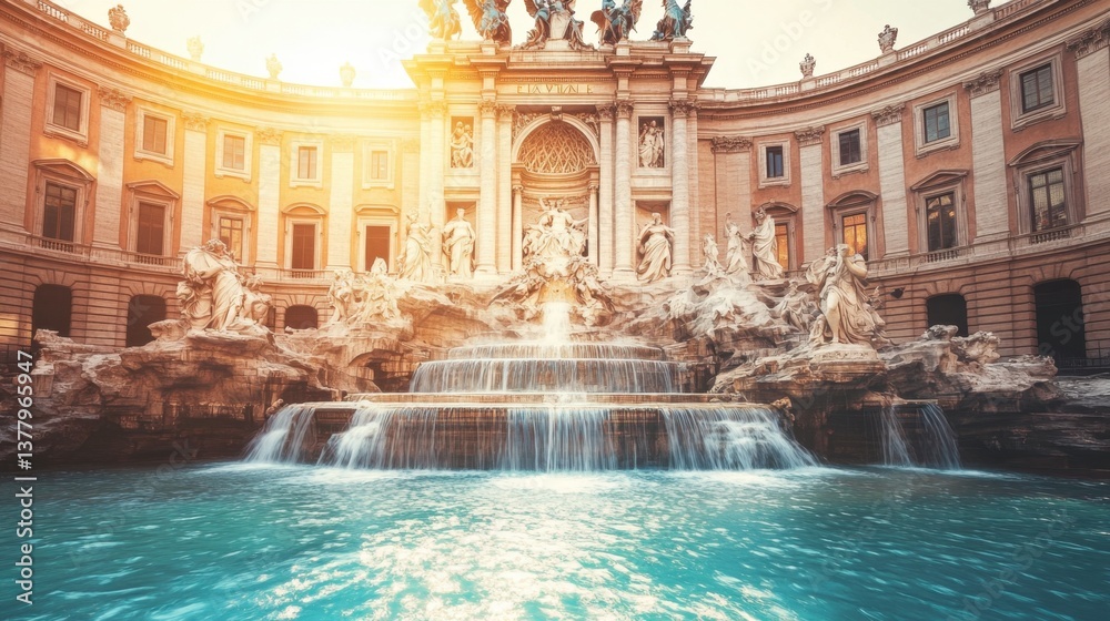 The spectacular Trevi Fountain in Rome, Italy, with water cascading over intricately carved statues.