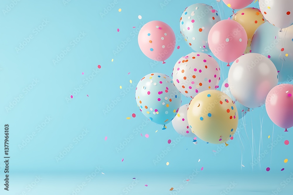 3D rendering of colorful balloons with confetti on a blue background 3D rendering of colorful balloons with confetti on a blue background