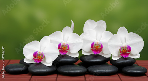 Pile of Black Spa Stones with White Orchid Flowers Against a Blurred Green Background
