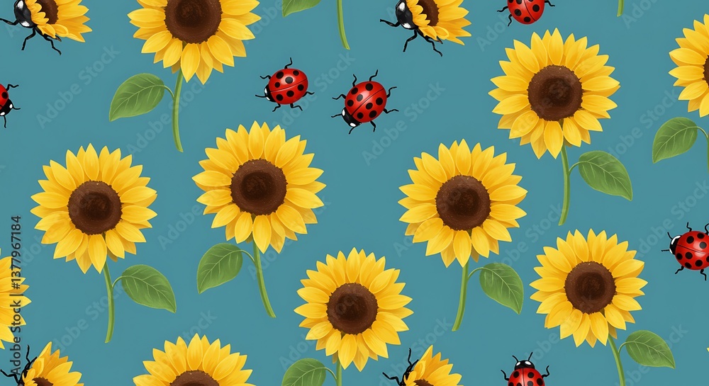 Sunflowers Ladybugs Summer Pattern Teal Background AI Generated Sunflowers Ladybugs Summer Pattern Teal Background AI Generated