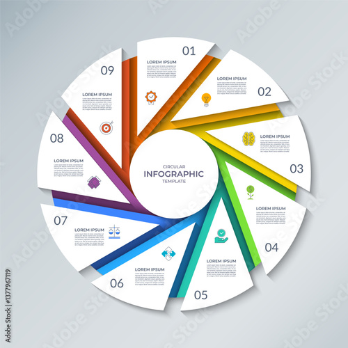 Vector infographic circle. Cycle diagram with 9 steps. Round chart that can be used for report, business analytics, educational resources, marketing materials, visualizing data, presentations.