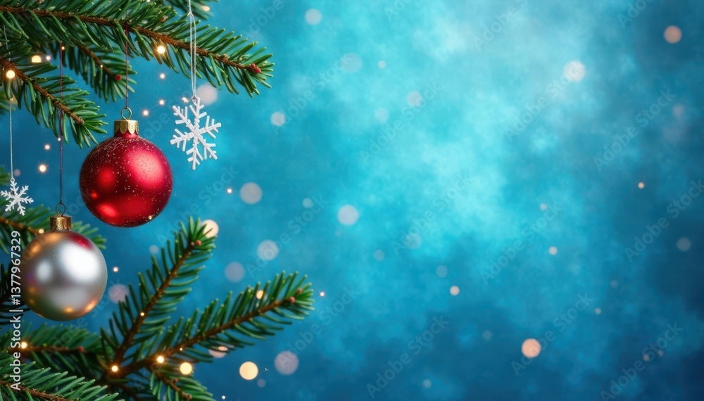 Obraz premium Blue background with Christmas ornament elements hanging like festive snowflakes, Christmas decoration ideas, Hanging decorations