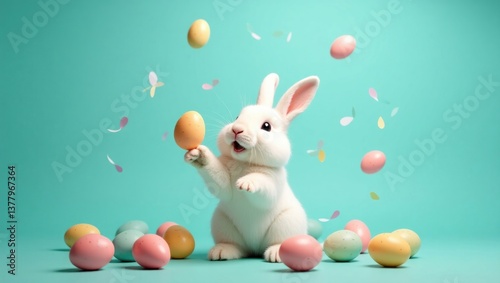 Adorable White Bunny Holding a Yellow Easter Egg on a Teal Background