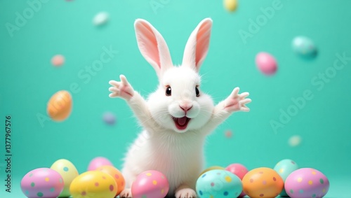 Adorable White Bunny with Colorful Easter Eggs on Turquoise Background, Easter Bunny, Easter Eggs
