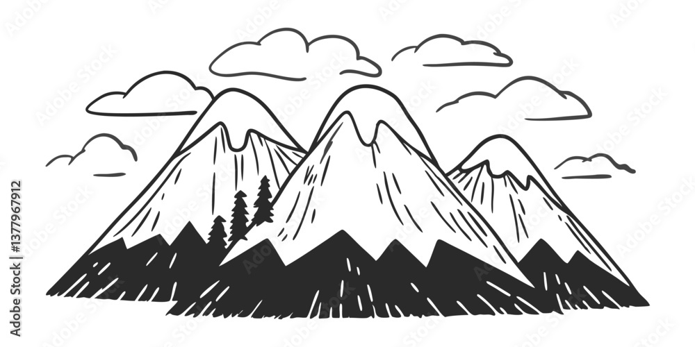 Fototapeta premium Black and White Mountain Peaks Illustration Travel and Adventure Theme Design Perfect for Outdoor Exploration Hiking Camping Nature Lovers Wanderlust and Scenic Landscape Art Prints