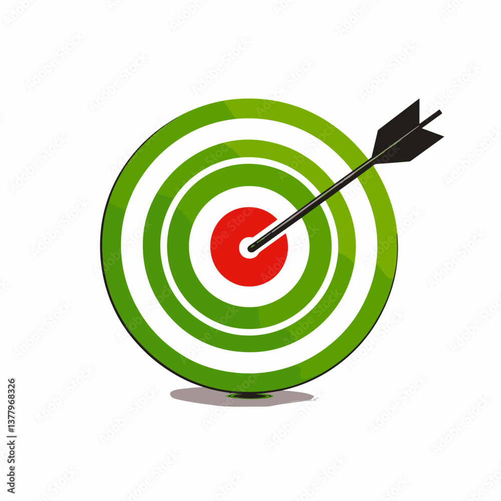 Dart hitting center of green target on white background  