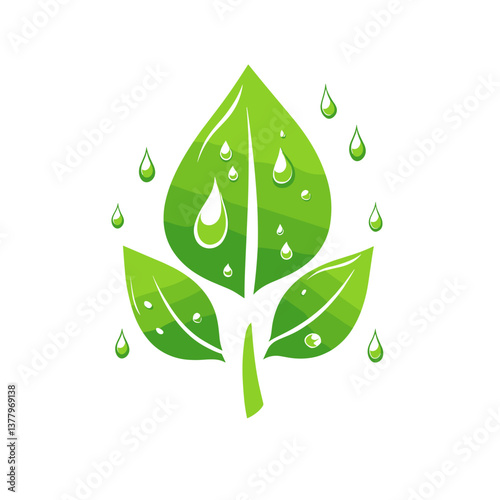 Fresh green leaves with water droplets on a clean background  