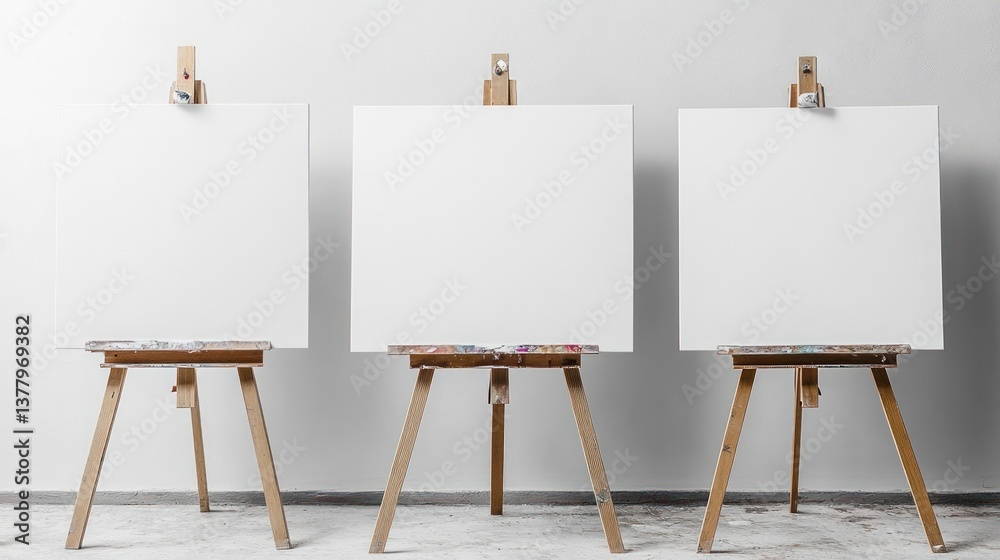 Three blank canvases on easels against a white wall. Three blank canvases on easels against a white wall.