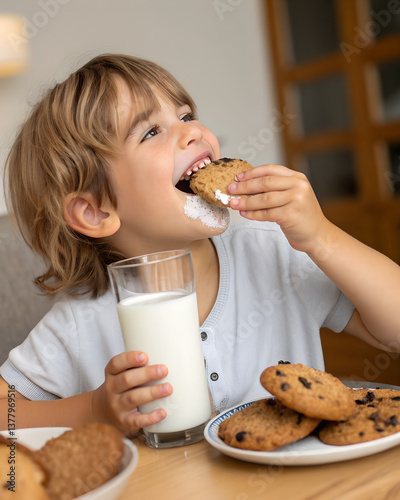 the child drinks milk and eats cookies