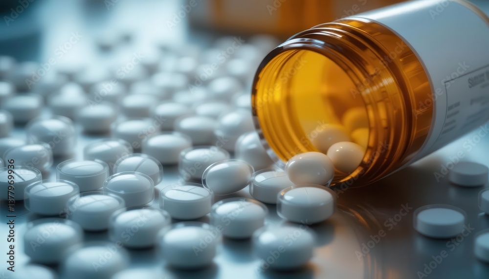 Medicine Bottle Spilling White Pills on a Table Pharmaceutical Drug Concept