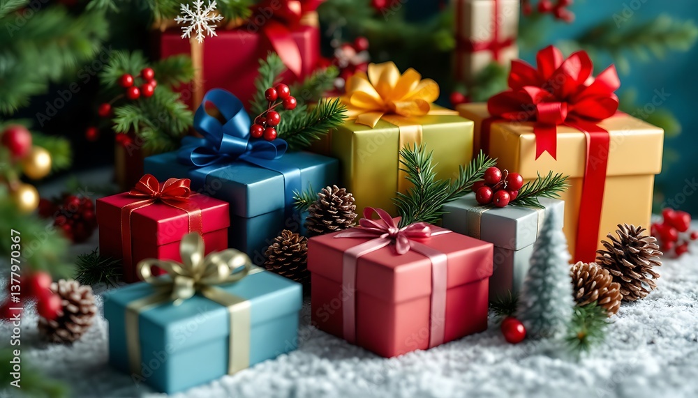 Fototapeta premium Festive Christmas Gift Boxes with Colorful Ribbons and Pinecone Decorations