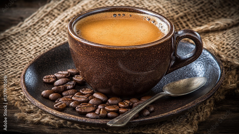 Dark brown cup of espresso on saucer with beans Dark brown cup of espresso on saucer with beans