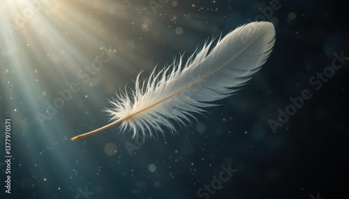 Single White Feather Floating in Light Beams Dust Particles Background