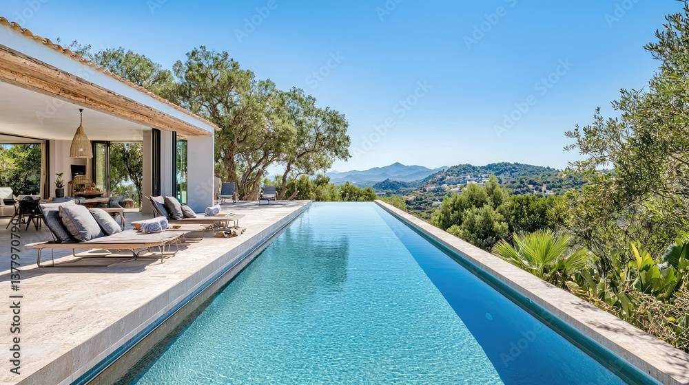 Fototapeta premium A luxurious villa with a long, rectangular pool, perfect for swimming laps, complemented by an impressive terrace with panoramic views.