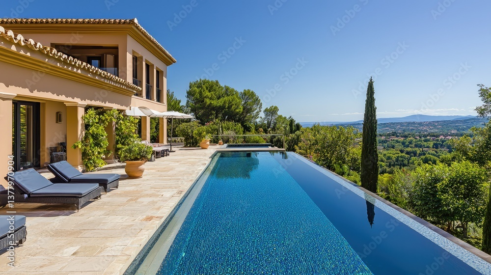 Fototapeta premium A luxurious villa with a long, rectangular pool, perfect for swimming laps, complemented by an impressive terrace with panoramic views.