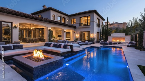 A luxurious villa with an elegant swimming pool, sunken seating areas, and a fire pit surrounded by plush outdoor seating.