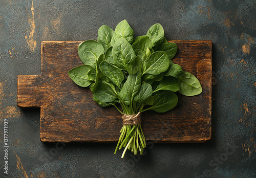 Fresh Green Spinach Bouquet on a Vintage Wooden Board