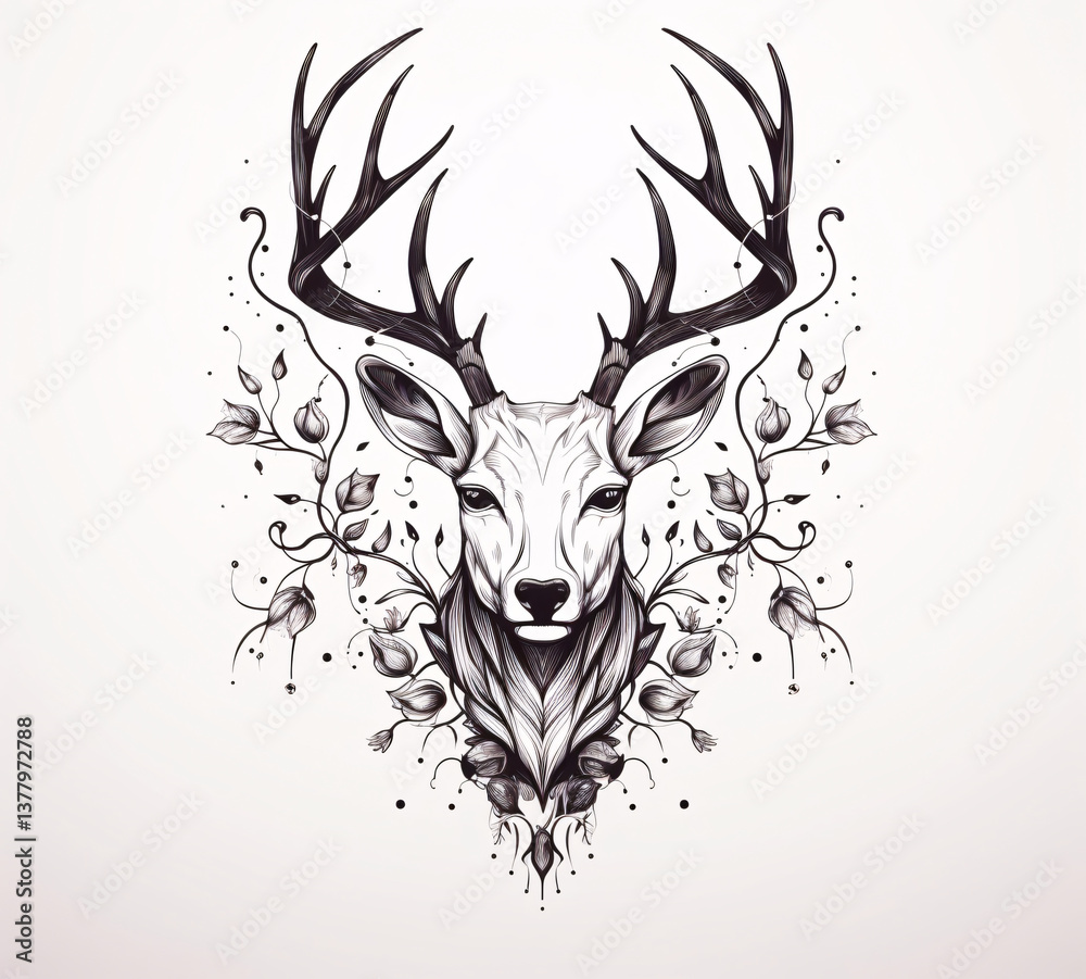 Fototapeta premium Tattoo style black and white, simple Native American tattoos style, deer image, on a white flat background.