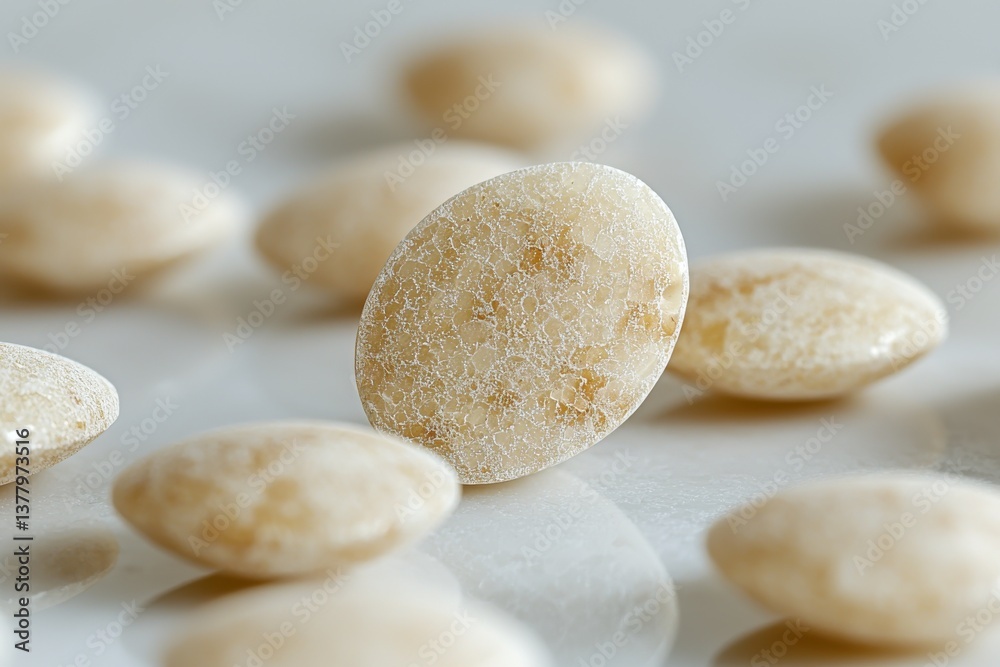 Close-up shot of white Jordan almonds on a reflective surface, showcasing the sugary coating and oval shapes, with a shallow depth of field and soft lighting. Close-up shot of white Jordan almonds on a reflective surface, showcasing the sugary coating and oval shapes, with a shallow depth of field and soft lighting.