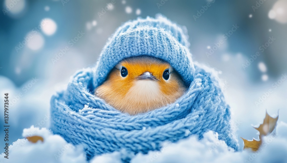 Obraz premium Cute bird in knitted hat and scarf in winter snow. Possible use Greeting card, social media post, children's book illustration