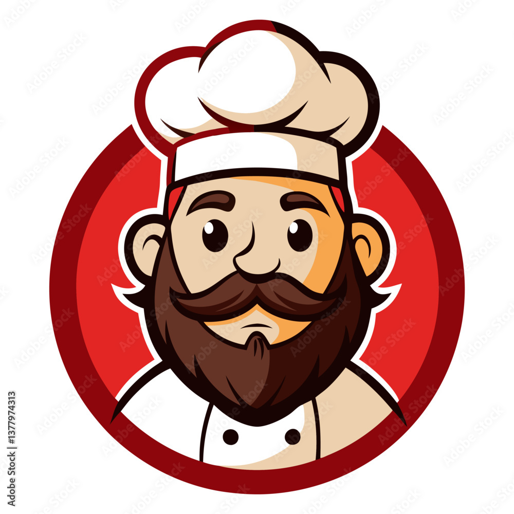 Cartoon Chef with Beard Logo, of Cook in Red Circle Badge, Mascot Character for Restaurant and Food Business Cartoon Chef with Beard Logo, of Cook in Red Circle Badge, Mascot Character for Restaurant and Food Business