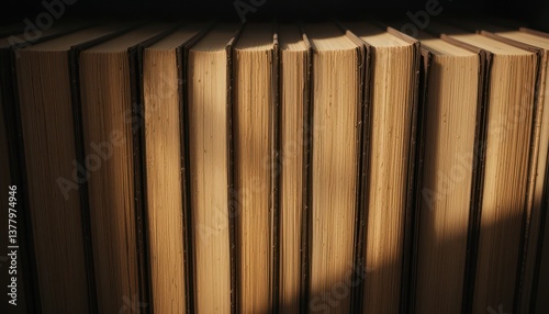 Row of Vintage Books Illuminated by Sunlight A Close Up Shot of Old Books on a Shelf
