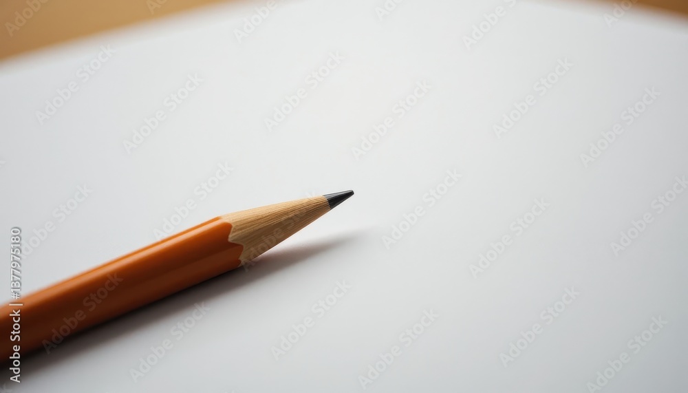 Close up of a sharpened orange pencil on blank white paper ready for writing or drawing Close up of a sharpened orange pencil on blank white paper ready for writing or drawing