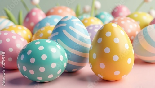 Playful White Bunny with Painted Easter Eggs on Vibrant Teal Background