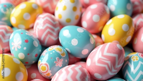 Colorful Easter Eggs with Patterned Decorations, Easter Eggs, Vibrant Festive Designs, Pastel Spring Colors, Easter Celebration