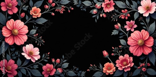Intricate floral patterns in charcoal grey on black background, seamless, botanical, pattern
