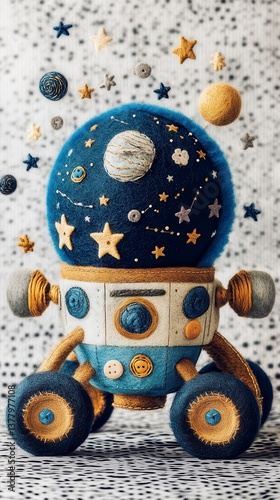 Whimsical Felt Rocket Ship Exploring a Celestial World