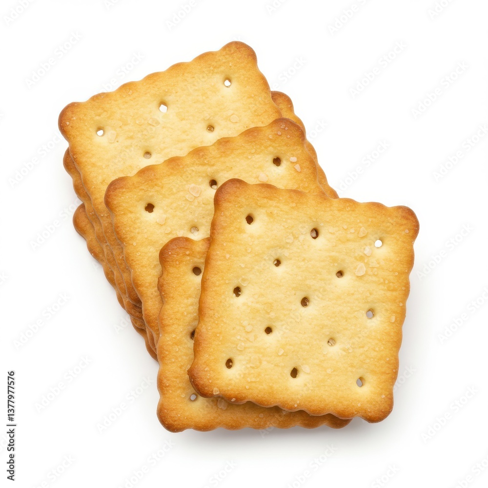 Fototapeta premium A close up view of a stack of square crackers with small holes on a white background surface top view