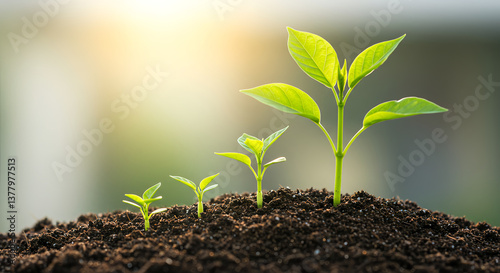 Young Green Seedlings Growing in Soil with Sunlight