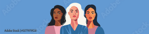 Vector illustration portrait of three different women with different skin color and nationalities. Demonstration of strength, unity through facial expression, women empowerment, gender equality