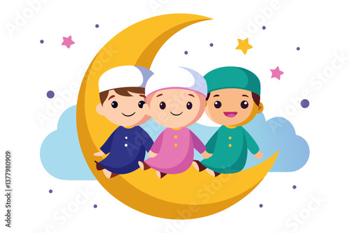 Cheerful Muslim Children Celebrating Ramadan Sitting on a Crescent Moon with Stars, Representing Joy and Festivity