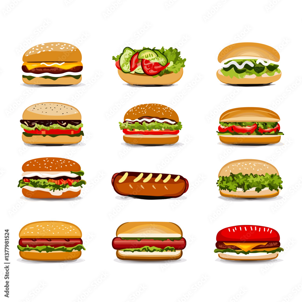 Colorful Collection of Delicious Burgers and Hotdogs on White Background Colorful Collection of Delicious Burgers and Hotdogs on White Background