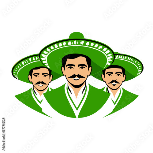 Three Mexican Men Wearing Sombreros in Bold Green Design  