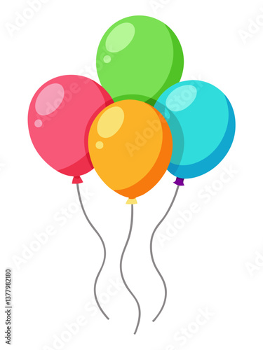 Colorful Balloons Bunch for Party Celebration Green, Pink, Orange and Blue Decoration Elements Isolated on White