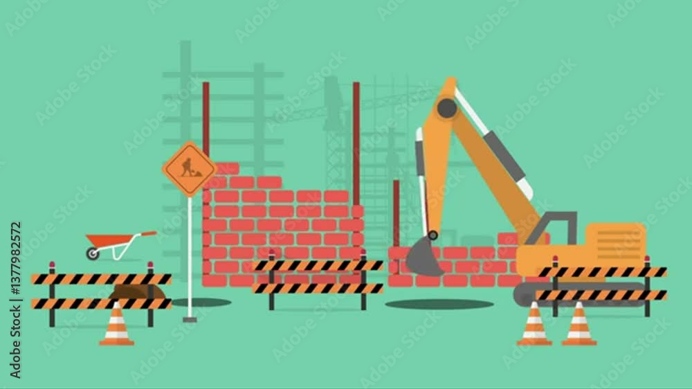 Construction Site Development Yellow Excavator, Brick Wall, Wheelbarrow, and Safety Barriers Showcase Busy Machinery and Tools for Enhanced Safety and Progress.