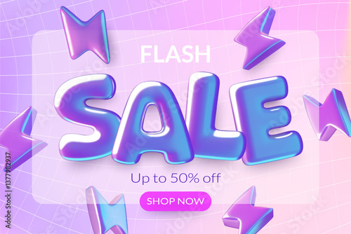Flash sale banner design with 3d purple holographic foil balloon letters and lightning bolts on y2k gradient background. Vector illustration