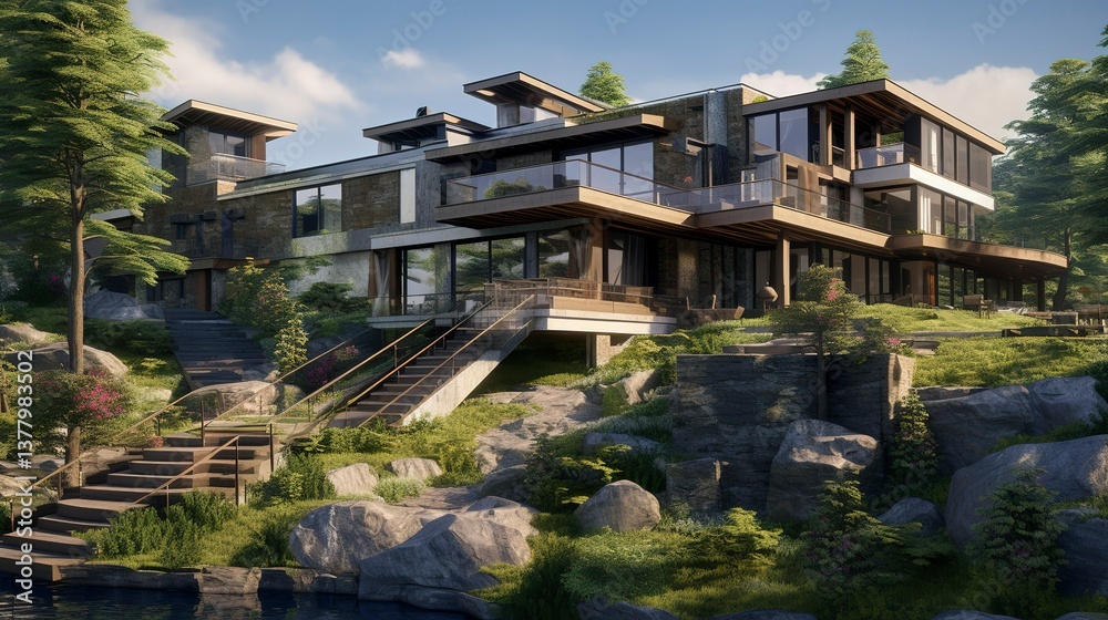 A photo of a triple-story eco-friendly hillside villa. , A photo of a triple-story eco-friendly hillside villa. ,