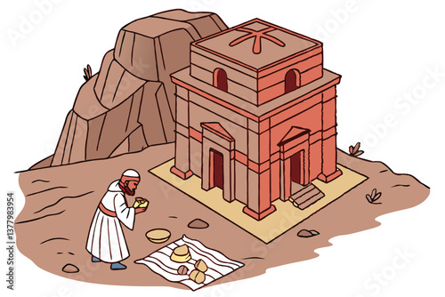 A striking vector icon of an Ethiopian cliffside church carved from red rock, where a robed figure raises a chalice beneath a Coptic cross, surrounded by scattered Easter bread